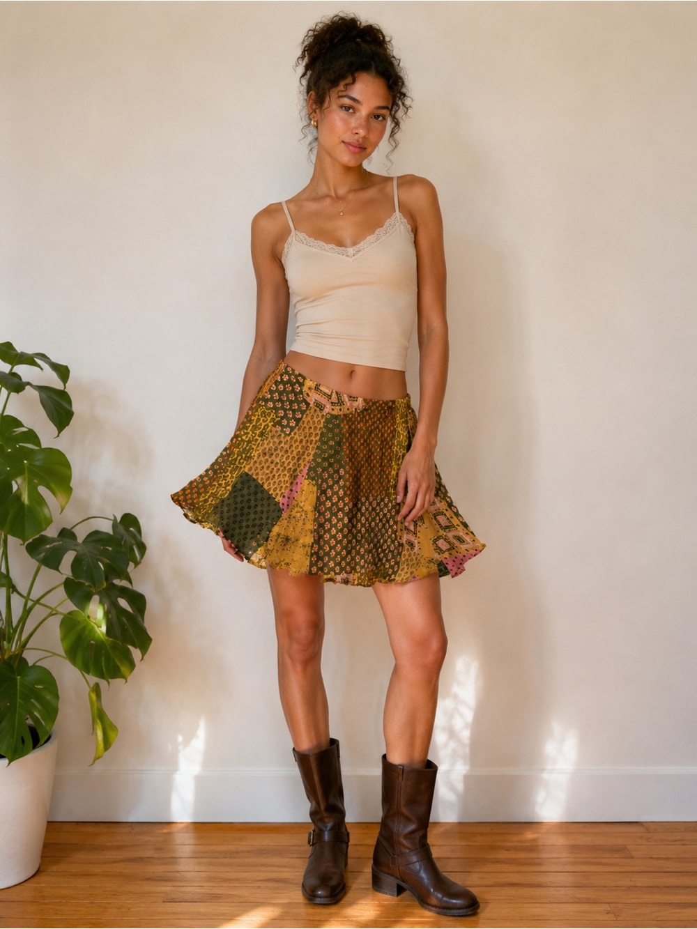Urban Outfitters Olive, Mustard & Pink Patchwork Side Zip Mini Skirt